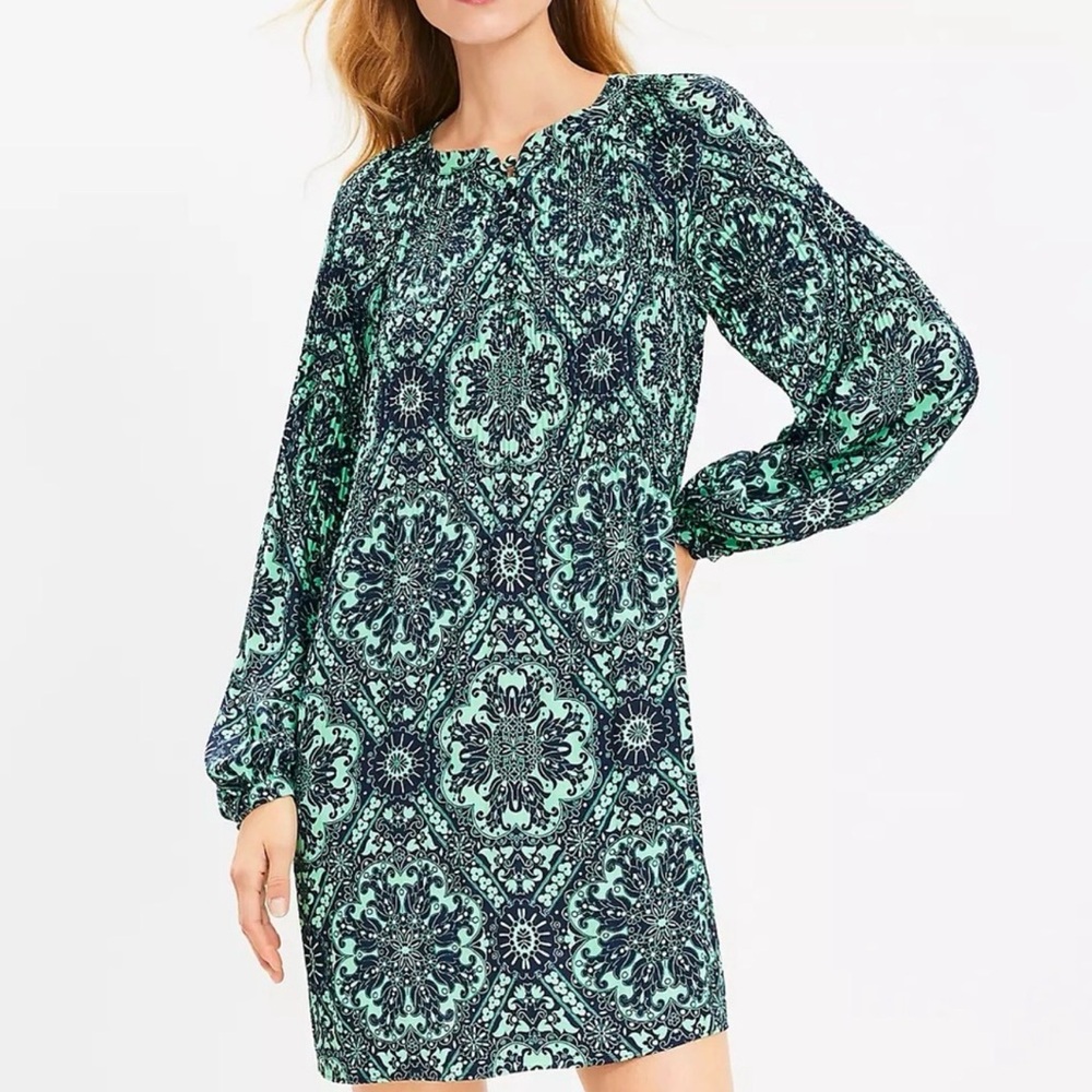 LOFT Paisley Swing Dress in Green and Navy